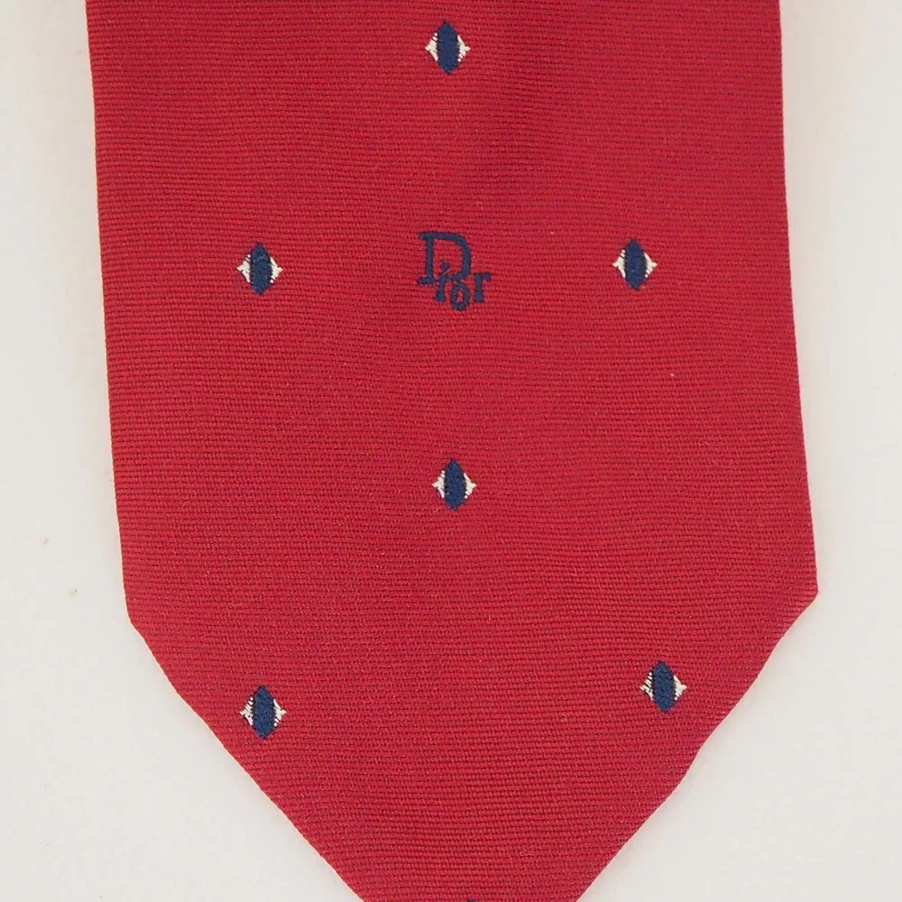 VTG‎ Christian Dior Polyester Silk Blend Tie Red Navy Classic Logo Spellout
